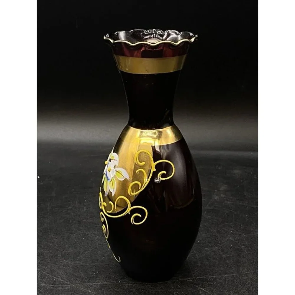 Bohemian Amethyst Purple Glass Vase Enamel Flowers with 24k Gold Vintage 6.25”